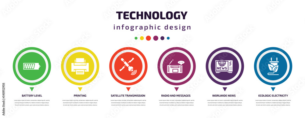 technology infographic element with icons and 6 step or option. technology icons such as battery level, printing, satellite transmission, radio and messages, worlwide news, ecologic electricity technology infographic element with icons and 6 step or option. technology icons such as battery level, printing, satellite transmission, radio and messages, worlwide news, ecologic electricity