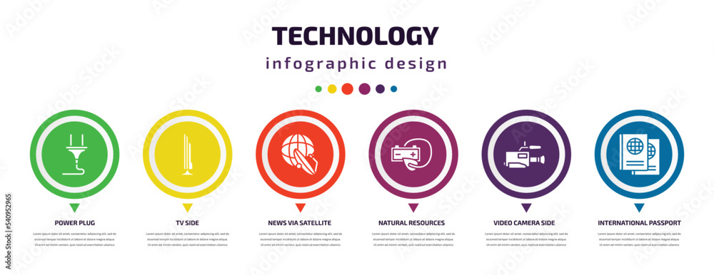 technology infographic element with icons and 6 step or option. technology icons such as power plug, tv side, news via satellite, natural resources, video camera side view, international passport technology infographic element with icons and 6 step or option. technology icons such as power plug, tv side, news via satellite, natural resources, video camera side view, international passport