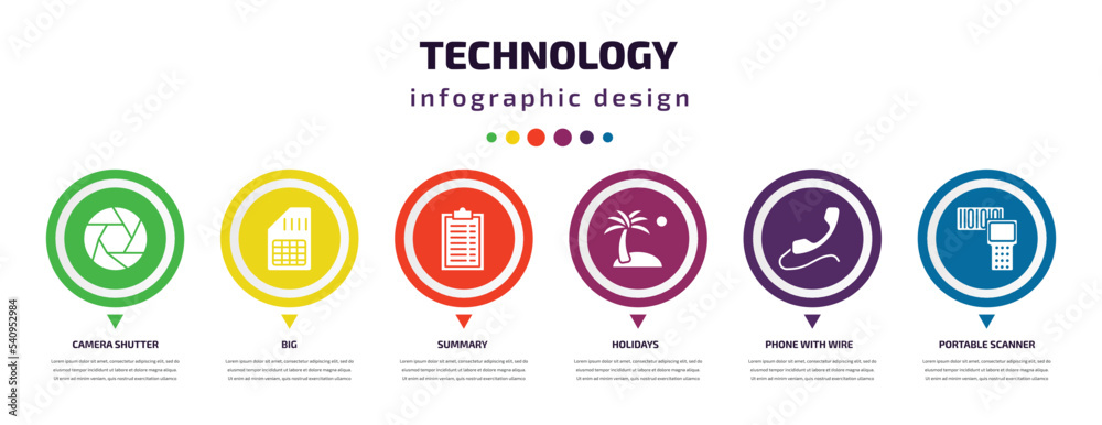 technology infographic element with icons and 6 step or option. technology icons such as camera shutter, big, summary, holidays, phone with wire, portable scanner vector. can be used for banner, technology infographic element with icons and 6 step or option. technology icons such as camera shutter, big, summary, holidays, phone with wire, portable scanner vector. can be used for banner,