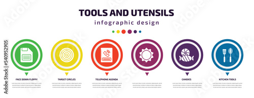 tools and utensils infographic element with icons and 6 step or option. tools and utensils icons such as face down floppy disk, target circles, telephone agenda, , candies, kitchen tools vector.