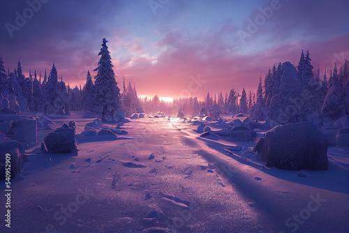 Winter landscape at sunrise