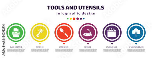 tools and utensils infographic element with icons and 6 step or option. tools and utensils icons such as blank paper printer, piston on, large spoon, penknife, calendar page, up arrow cloud vector.