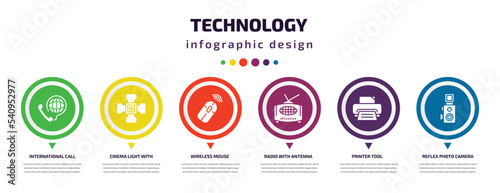technology infographic element with icons and 6 step or option. technology icons such as international call, cinema light with cable, wireless mouse, radio with antenna, printer tool, reflex photo
