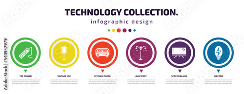 technology collection. infographic element with icons and 6 step or option. technology collection. icons such as tee power, vintage mic, kitchen timer, lamp post, screen blank, electric vector. can