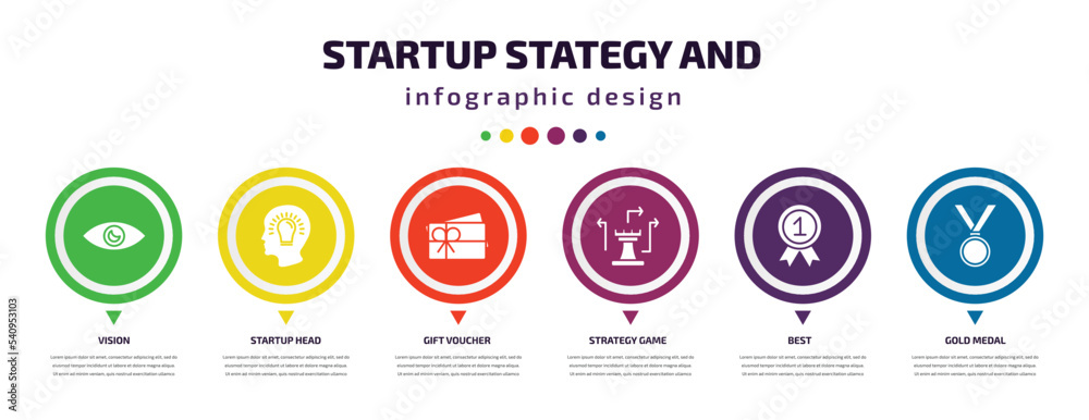 startup stategy and infographic element with icons and 6 step or option. startup stategy and icons such as vision, startup head, gift voucher, strategy game, best, gold medal vector. can be used for startup stategy and infographic element with icons and 6 step or option. startup stategy and icons such as vision, startup head, gift voucher, strategy game, best, gold medal vector. can be used for