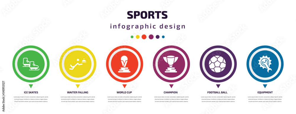 sports infographic element with icons and 6 step or option. sports icons such as ice skates, waiter falling, world cup, champion, football ball, equipment vector. can be used for banner, info graph, sports infographic element with icons and 6 step or option. sports icons such as ice skates, waiter falling, world cup, champion, football ball, equipment vector. can be used for banner, info graph,