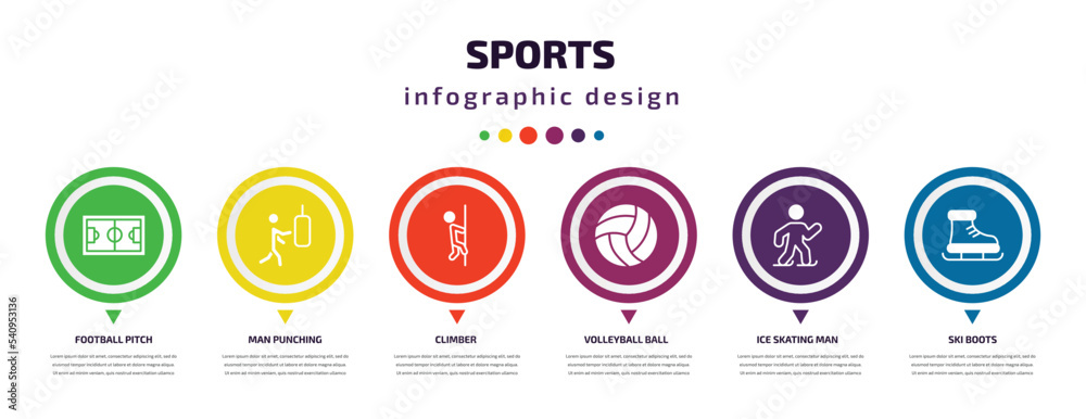 sports infographic element with icons and 6 step or option. sports icons such as football pitch, man punching, climber, volleyball ball, ice skating man, ski boots vector. can be used for banner, sports infographic element with icons and 6 step or option. sports icons such as football pitch, man punching, climber, volleyball ball, ice skating man, ski boots vector. can be used for banner,