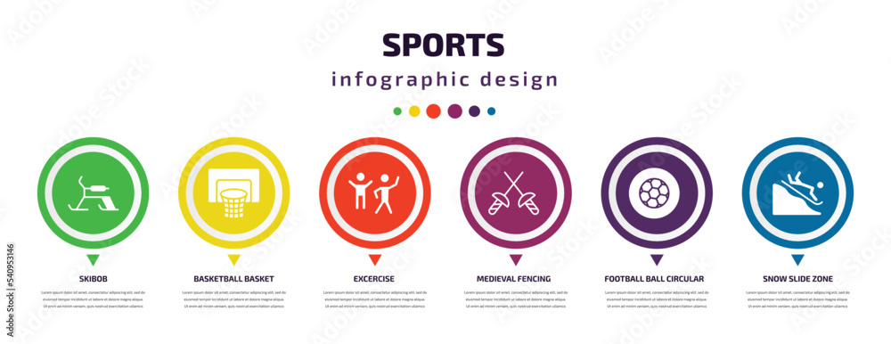 sports infographic element with icons and 6 step or option. sports icons such as skibob, basketball basket, excercise, medieval fencing, football ball circular, snow slide zone vector. can be used