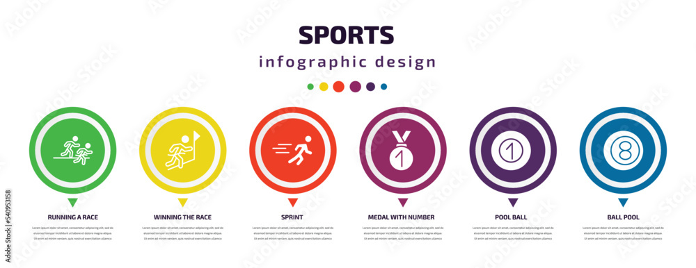 sports infographic element with icons and 6 step or option. sports icons such as running a race, winning the race, sprint, medal with number 1, pool ball, ball pool vector. can be used for banner, sports infographic element with icons and 6 step or option. sports icons such as running a race, winning the race, sprint, medal with number 1, pool ball, ball pool vector. can be used for banner,