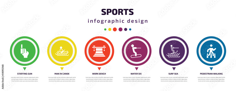 sports infographic element with icons and 6 step or option. sports icons such as starting gun, man in canoe, work bench, water ski, surf sea, pedestrian walking vector. can be used for banner, info sports infographic element with icons and 6 step or option. sports icons such as starting gun, man in canoe, work bench, water ski, surf sea, pedestrian walking vector. can be used for banner, info