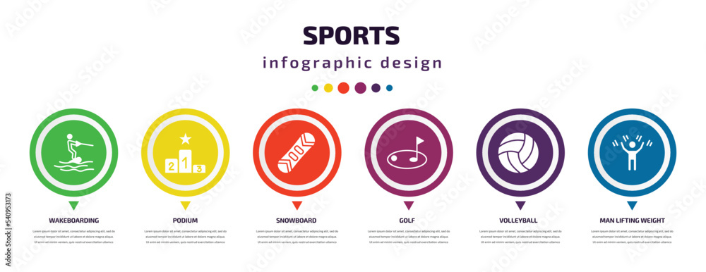 sports infographic element with icons and 6 step or option. sports icons such as wakeboarding, podium, snowboard, golf, volleyball, man lifting weight vector. can be used for banner, info graph, sports infographic element with icons and 6 step or option. sports icons such as wakeboarding, podium, snowboard, golf, volleyball, man lifting weight vector. can be used for banner, info graph,