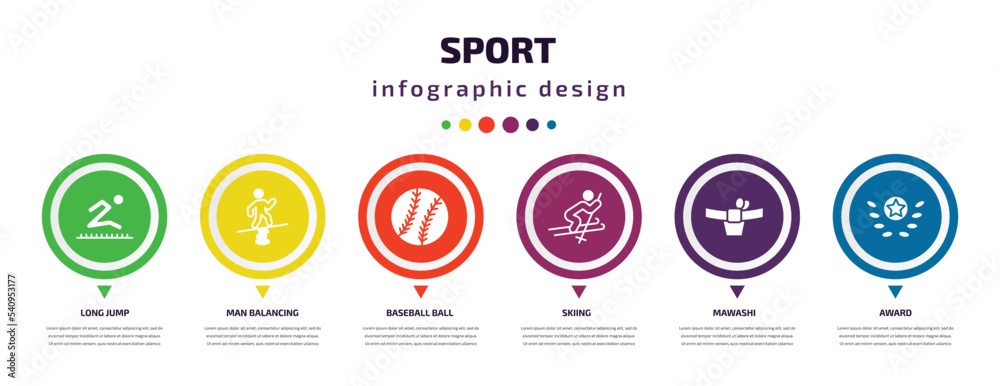 sport infographic element with icons and 6 step or option. sport icons such as long jump, man balancing, baseball ball, skiing, mawashi, award vector. can be used for banner, info graph, web, sport infographic element with icons and 6 step or option. sport icons such as long jump, man balancing, baseball ball, skiing, mawashi, award vector. can be used for banner, info graph, web,