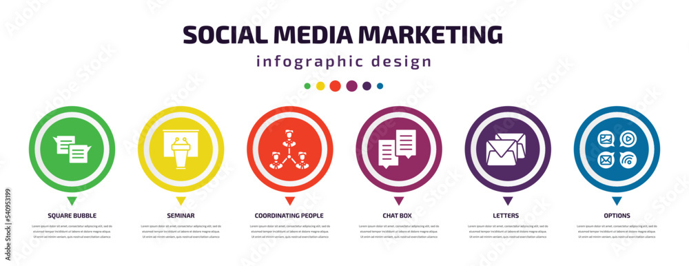 social media marketing infographic element with icons and 6 step or option. social media marketing icons such as square bubble, seminar, coordinating people, chat box, letters, options vector. can social media marketing infographic element with icons and 6 step or option. social media marketing icons such as square bubble, seminar, coordinating people, chat box, letters, options vector. can