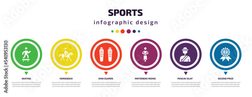 sports infographic element with icons and 6 step or option. sports icons such as skating, horseback, shin guards, motorbike riding, pencak silat, second prize vector. can be used for banner, info