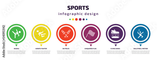 sports infographic element with icons and 6 step or option. sports icons such as wushu, karate fighter, ski poles, chequered flag, flying shoes, volleyball motion vector. can be used for banner,