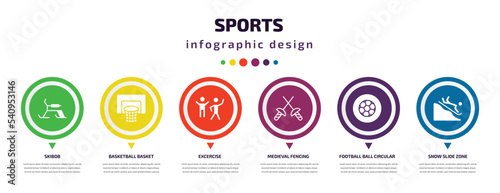 sports infographic element with icons and 6 step or option. sports icons such as skibob, basketball basket, excercise, medieval fencing, football ball circular, snow slide zone vector. can be used
