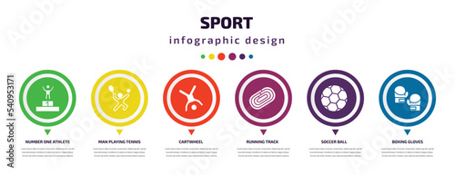 sport infographic element with icons and 6 step or option. sport icons such as number one athlete, man playing tennis, cartwheel, running track, soccer ball, boxing gloves vector. can be used for