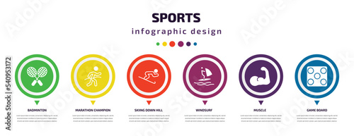 sports infographic element with icons and 6 step or option. sports icons such as badminton, marathon champion, skiing down hill, windsurf, muscle, game board vector. can be used for banner, info