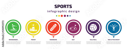 sports infographic element with icons and 6 step or option. sports icons such as wakeboarding, podium, snowboard, golf, volleyball, man lifting weight vector. can be used for banner, info graph,