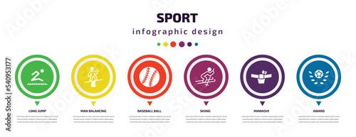 sport infographic element with icons and 6 step or option. sport icons such as long jump, man balancing, baseball ball, skiing, mawashi, award vector. can be used for banner, info graph, web,