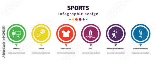 sports infographic element with icons and 6 step or option. sports icons such as training, soccer, short sleeves, surf, dumbbell for training, climbing with rope vector. can be used for banner, info