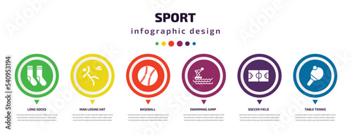 sport infographic element with icons and 6 step or option. sport icons such as long socks, man losing hat, baseball, swimming jump, soccer field, table tennis vector. can be used for banner, info