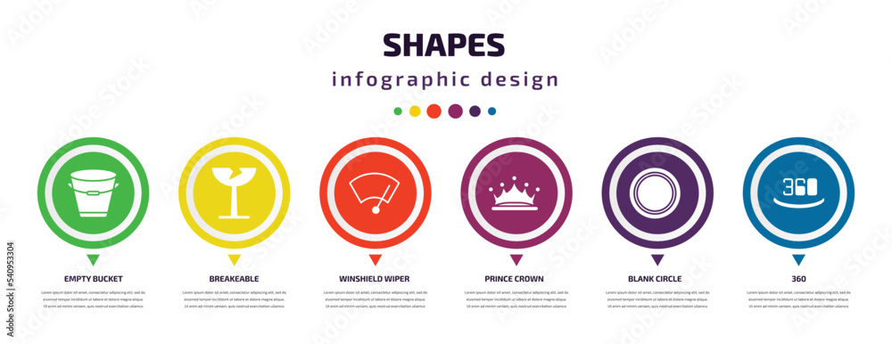 shapes infographic element with icons and 6 step or option. shapes icons such as empty bucket, breakeable, winshield wiper, prince crown, blank circle, 360 vector. can be used for banner, info