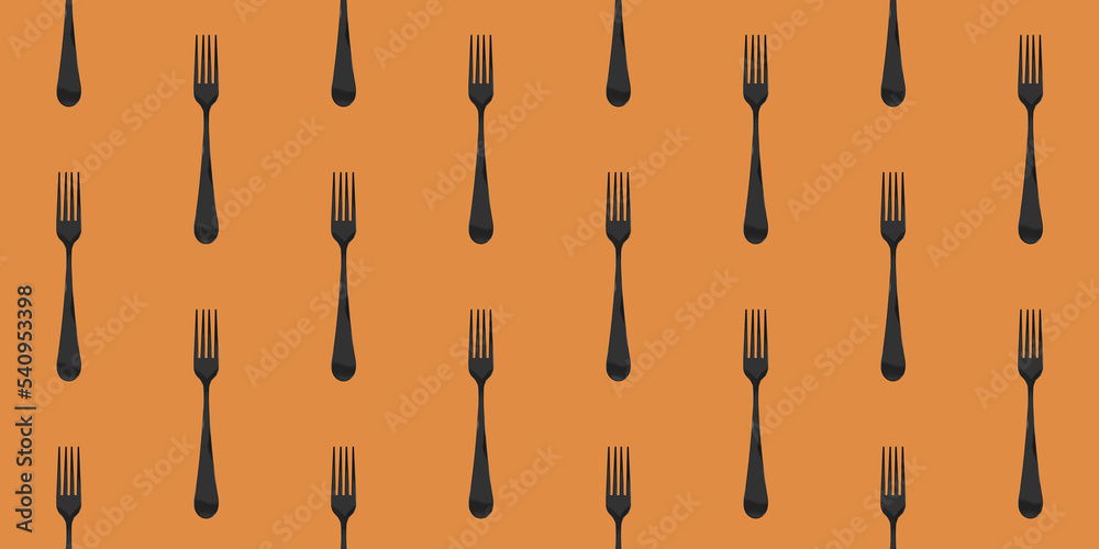 pattern. Fork top view on yellow orang background. Template for applying to surface. Horizontal image. Banner for insertion into site. Flat lay. 3D image. 3D rendering.