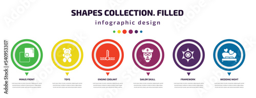 shapes collection. filled infographic element with icons and 6 step or option. shapes collection. filled icons such as minus front, toys, engine coolant, sailor skull, framework, wedding night