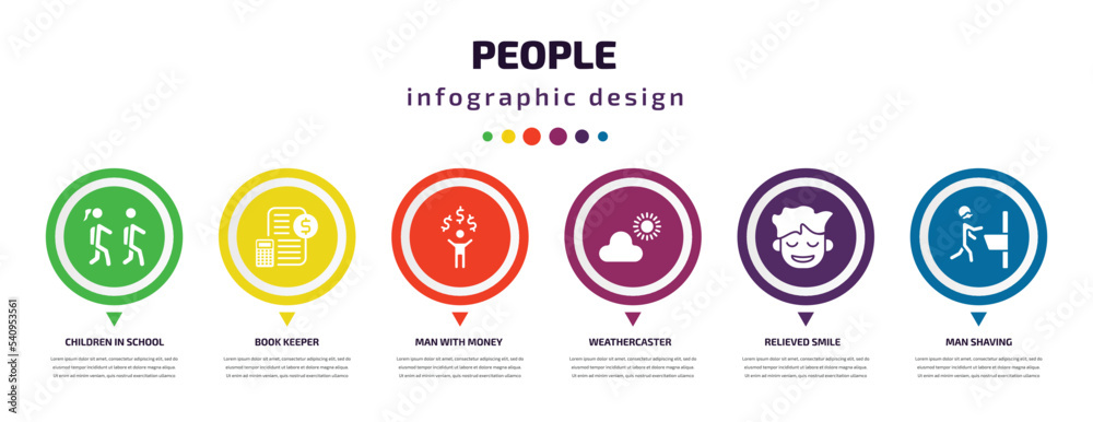people infographic element with icons and 6 step or option. people icons such as children in school, book keeper, man with money, weathercaster, relieved smile, man shaving vector. can be used for people infographic element with icons and 6 step or option. people icons such as children in school, book keeper, man with money, weathercaster, relieved smile, man shaving vector. can be used for