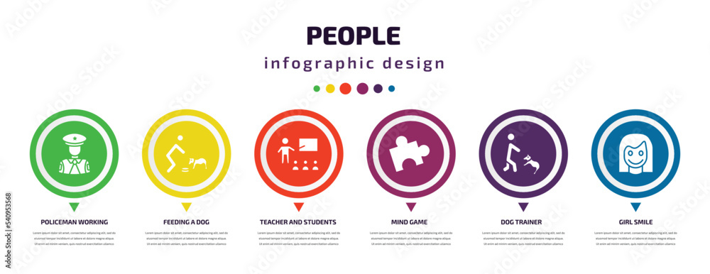 people infographic element with icons and 6 step or option. people icons such as policeman working, feeding a dog, teacher and students, mind game, dog trainer, girl smile vector. can be used for people infographic element with icons and 6 step or option. people icons such as policeman working, feeding a dog, teacher and students, mind game, dog trainer, girl smile vector. can be used for