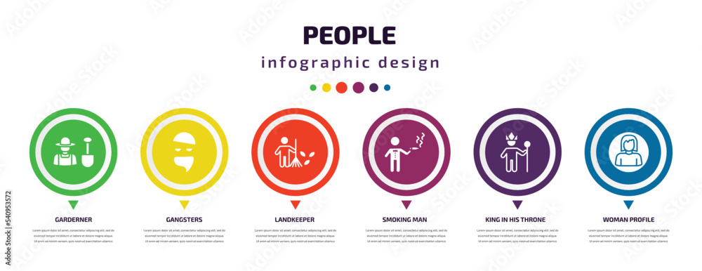 people infographic element with icons and 6 step or option. people icons such as garderner, gangsters, landkeeper, smoking man, king in his throne, woman profile vector. can be used for banner, info people infographic element with icons and 6 step or option. people icons such as garderner, gangsters, landkeeper, smoking man, king in his throne, woman profile vector. can be used for banner, info