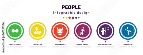 people infographic element with icons and 6 step or option. people icons such as couple of glasses, constructor, devil head with horns, running at finish line, man holding a flag, gymnast girl