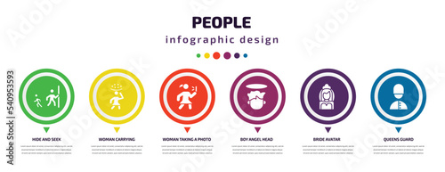 people infographic element with icons and 6 step or option. people icons such as hide and seek, woman carrying, woman taking a photo, boy angel head, bride avatar, queens guard vector. can be used