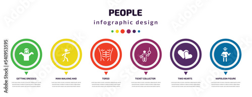 people infographic element with icons and 6 step or option. people icons such as getting dressed, man walking and smoking, torso, ticket collector, two hearts, napoleon figure vector. can be used
