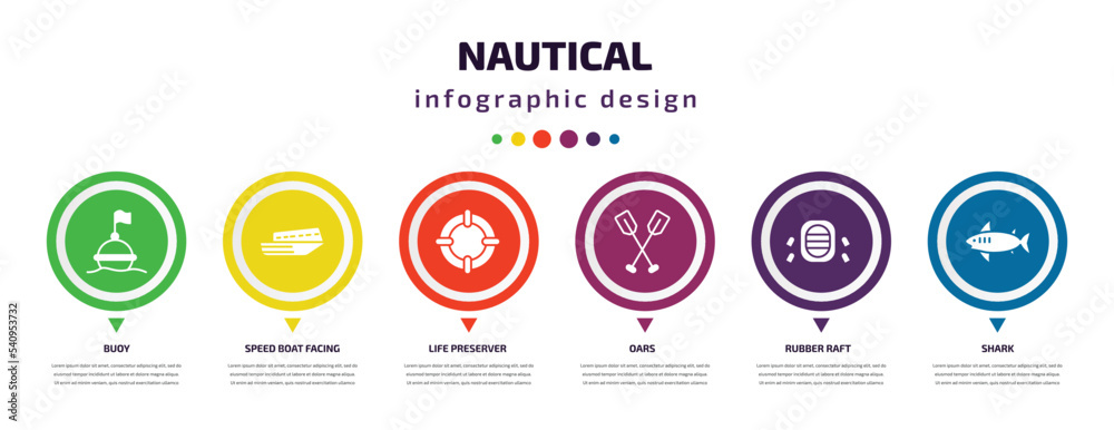 nautical infographic element with icons and 6 step or option. nautical icons such as buoy, speed boat facing right, life preserver, oars, rubber raft, shark vector. can be used for banner, info nautical infographic element with icons and 6 step or option. nautical icons such as buoy, speed boat facing right, life preserver, oars, rubber raft, shark vector. can be used for banner, info