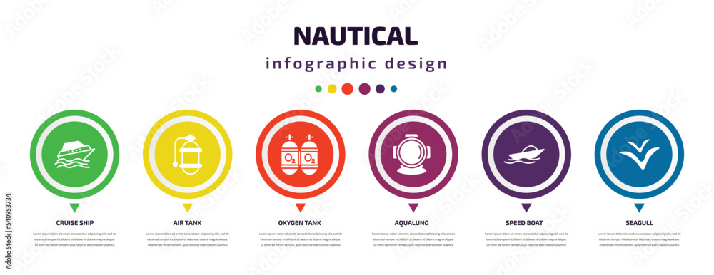 nautical infographic element with icons and 6 step or option. nautical icons such as cruise ship, air tank, oxygen tank, aqualung, speed boat, seagull vector. can be used for banner, info graph, nautical infographic element with icons and 6 step or option. nautical icons such as cruise ship, air tank, oxygen tank, aqualung, speed boat, seagull vector. can be used for banner, info graph,