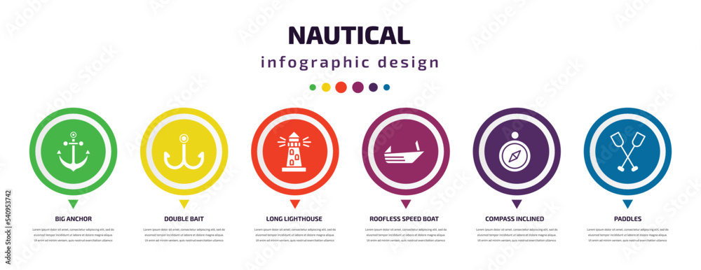 nautical infographic element with icons and 6 step or option. nautical icons such as big anchor, double bait, long lighthouse, roofless speed boat, compass inclined, paddles vector. can be used for nautical infographic element with icons and 6 step or option. nautical icons such as big anchor, double bait, long lighthouse, roofless speed boat, compass inclined, paddles vector. can be used for