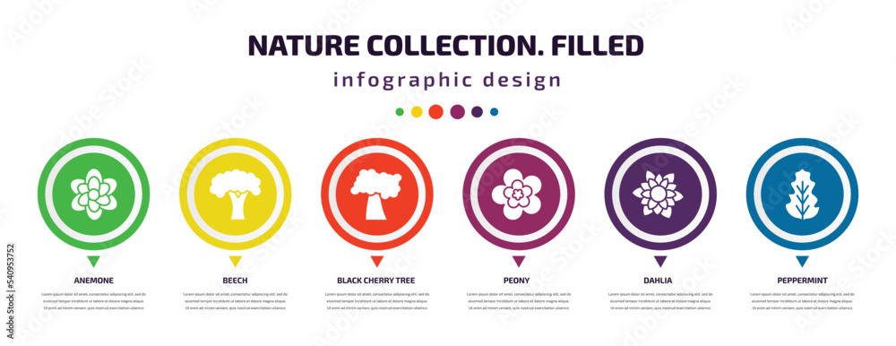 nature collection. filled infographic element with icons and 6 step or option. nature collection. filled icons such as anemone, beech, black cherry tree, peony, dahlia, peppermint vector. can be nature collection. filled infographic element with icons and 6 step or option. nature collection. filled icons such as anemone, beech, black cherry tree, peony, dahlia, peppermint vector. can be