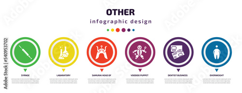 other infographic element with icons and 6 step or option. other icons such as syrnge, labaratory, samurai head of japan, voodoo puppet, dentist business card, overweight vector. can be used for