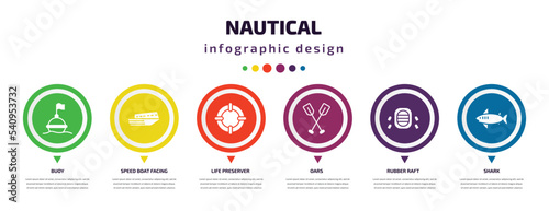 nautical infographic element with icons and 6 step or option. nautical icons such as buoy, speed boat facing right, life preserver, oars, rubber raft, shark vector. can be used for banner, info