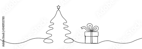 Christmas tree with gift box one line drawing.Merry Christmas decoration continuous line.Continuous line drawing of christmas tree with a star.Line art christmas tree.