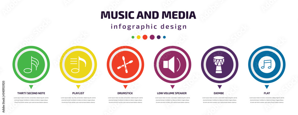 music and media infographic element with icons and 6 step or option. music and media icons such as thirty second note, playlist, drumstick, low volume speaker, djembe, flat vector. can be used for music and media infographic element with icons and 6 step or option. music and media icons such as thirty second note, playlist, drumstick, low volume speaker, djembe, flat vector. can be used for