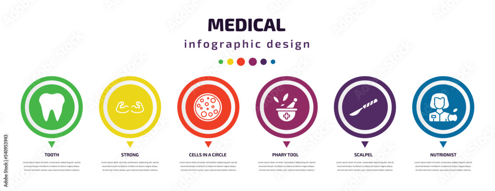 medical infographic element with icons and 6 step or option. medical icons such as tooth, strong, cells in a circle, phary tool, scalpel, nutrionist vector. can be used for banner, info graph, web, medical infographic element with icons and 6 step or option. medical icons such as tooth, strong, cells in a circle, phary tool, scalpel, nutrionist vector. can be used for banner, info graph, web,
