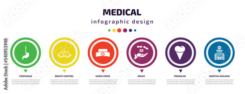medical infographic element with icons and 6 step or option. medical icons such as esophagus, breath control, nurse cross, drugs, premolar, hospital building front vector. can be used for banner,