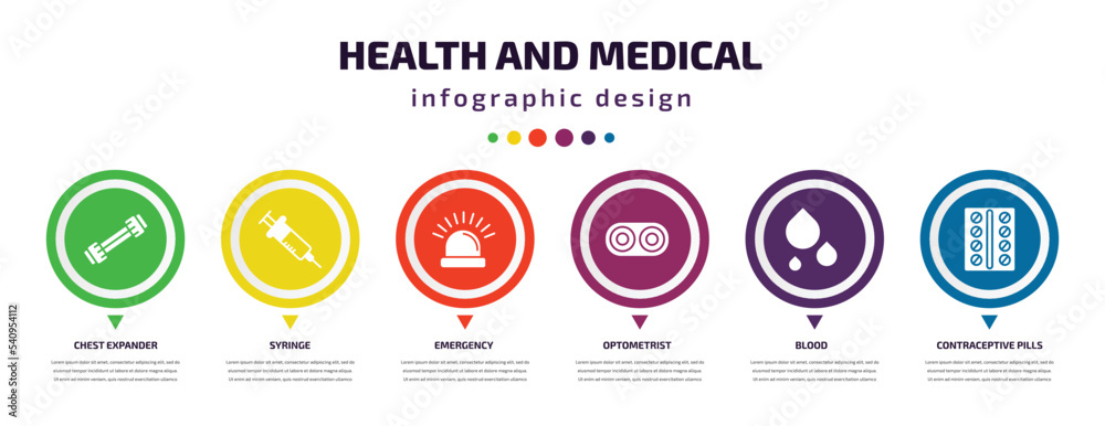 health and medical infographic element with icons and 6 step or option. health and medical icons such as chest expander, syringe, emergency, optometrist, blood, contraceptive pills vector. can be health and medical infographic element with icons and 6 step or option. health and medical icons such as chest expander, syringe, emergency, optometrist, blood, contraceptive pills vector. can be
