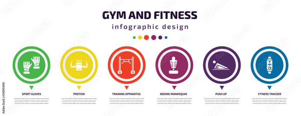 gym and fitness infographic element with icons and 6 step or option. gym and fitness icons such as sport gloves, protein, training apparatus, boxing mannequin, push up, fitness tracker vector. can gym and fitness infographic element with icons and 6 step or option. gym and fitness icons such as sport gloves, protein, training apparatus, boxing mannequin, push up, fitness tracker vector. can