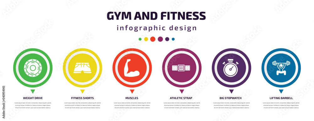 gym and fitness infographic element with icons and 6 step or option. gym and fitness icons such as weight drive, fitness shorts, muscles, athletic strap, big stopwatch, lifting barbell vector. can gym and fitness infographic element with icons and 6 step or option. gym and fitness icons such as weight drive, fitness shorts, muscles, athletic strap, big stopwatch, lifting barbell vector. can