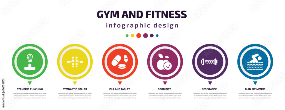 gym and fitness infographic element with icons and 6 step or option. gym and fitness icons such as standing punching ball, gymnastic roller, pill tablet, good diet, resistance, man swimming vector. gym and fitness infographic element with icons and 6 step or option. gym and fitness icons such as standing punching ball, gymnastic roller, pill tablet, good diet, resistance, man swimming vector.