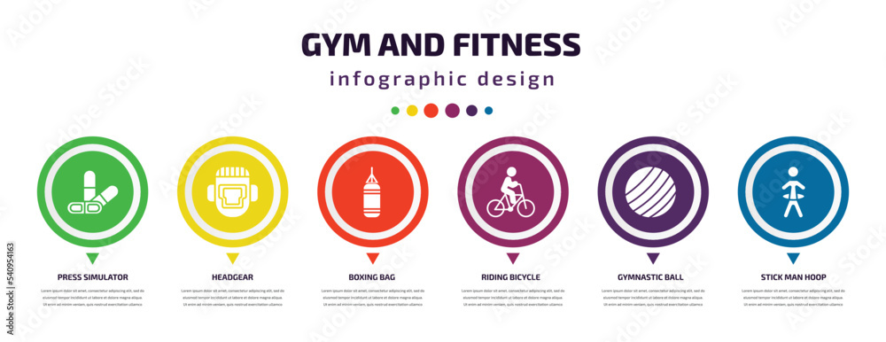 gym and fitness infographic element with icons and 6 step or option. gym and fitness icons such as press simulator, headgear, boxing bag, riding bicycle, gymnastic ball, stick man hoop vector. can